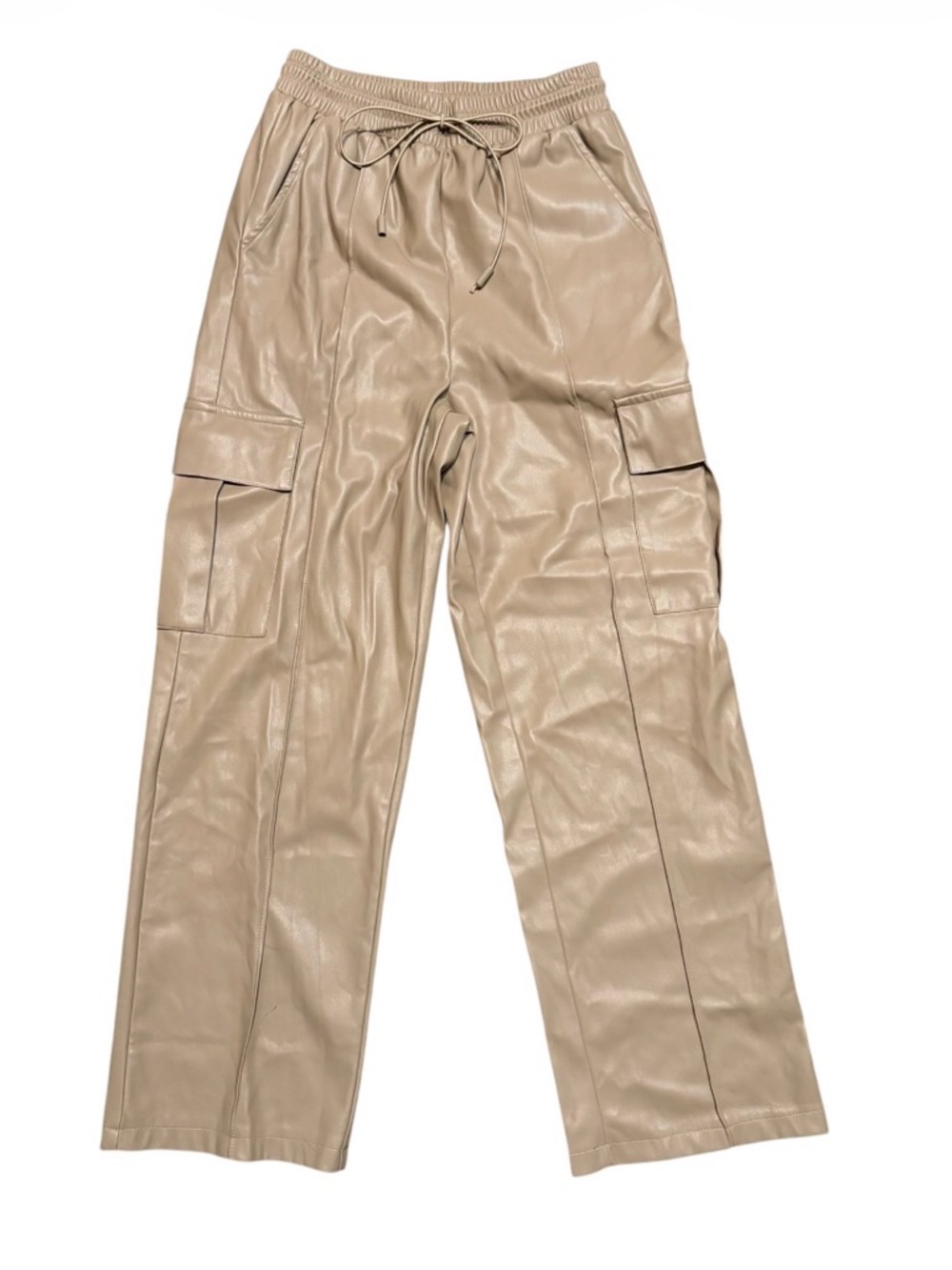 Women's Beige Faux Leather Cargo Pants